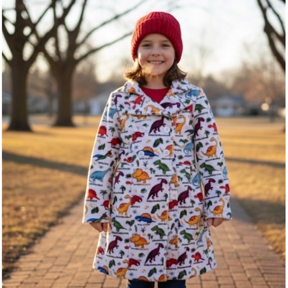 Kids‎ Dinosaur Fleece Pea Coat White Size 8 Double Breasted Jacket Dinocore